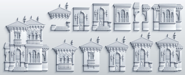 Obraz premium Monochrome paper-cut style collection of ornate Middle Eastern architectural facades and elements with arches, balconies, and tiled roofs, arranged as a decorative 3D relief set.