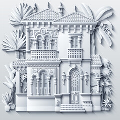 Elegant monochrome paper-cut style illustration of ornate Middle Eastern facades with arches, columns, and tropical plants, creating a refined architectural composition with layered shadows.