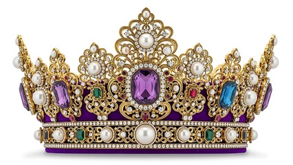 An ornate, jewel-encrusted crown with purple velvet and gold accents. isolated on white background