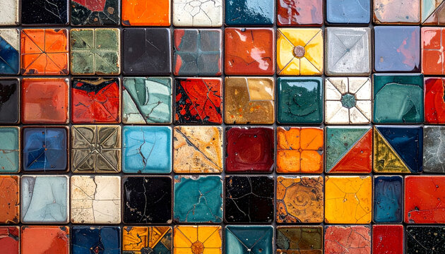 Close-up view of a colorful mosaic of cracked ceramic tiles with intricate patterns