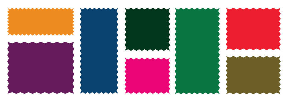 Set of color wavy edge frames.  Postage stamp borders.Set of color wavy edge frames. Rectangle shape frame with zigzag edge.Geometric zig zag wavy edge stickers, frames, shapes.Zig zag edge.