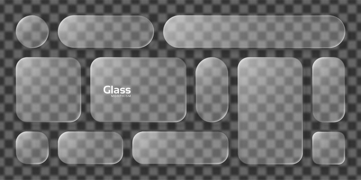 Set of liquid glass morphism elements on transparent background graphic. User interface components with blurred glassy effects for web page design.