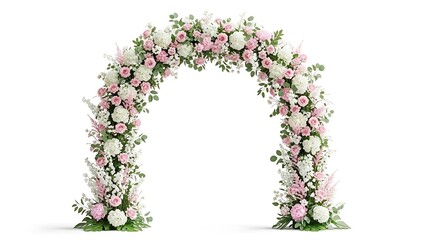 Elegant floral archway adorned with a variety of blooms for a romantic event isolated on white background