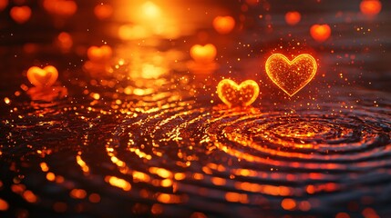 Red hearts dancing on the water surface