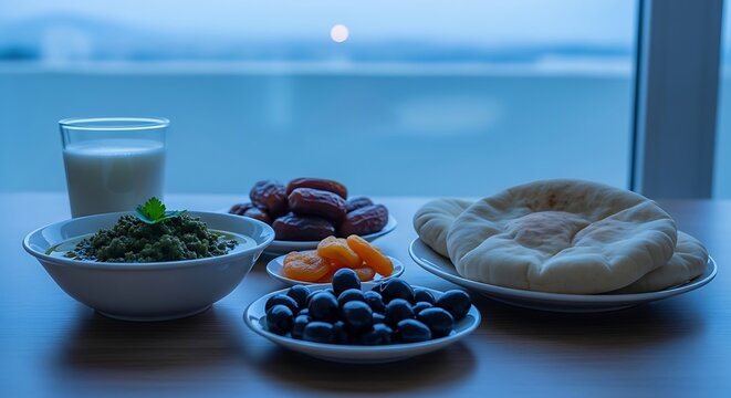 Delicious Middle Eastern breakfast spread with pita bread, olives, and dates by the window
