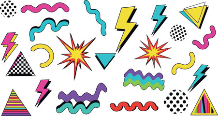 A colorful collection of 90s style neon shapes and symbols on a white background