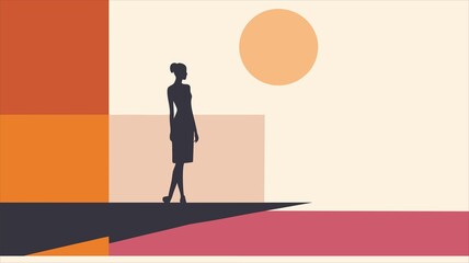 Obraz premium Minimalist Business Woman Walking Silhouette on Abstract Geometric Background – Modern Corporate Success Concept Illustration