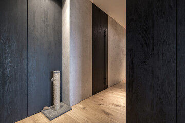 long empty corridor in interior of entrance hall of modern apartments, office or clinic