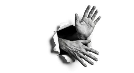 Obraz premium Hands breaking through white paper hole, struggle, freedom, escape, hope, reaching out concept