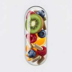 "Clear Capsule with Fresh Fruit Slices and Supplement Pills &mdash; Kiwi, Blueberries & Orange Segments Inside Transparent Vitamin Pill, Healthy Nutrition Concept, Studio Close-Up"
