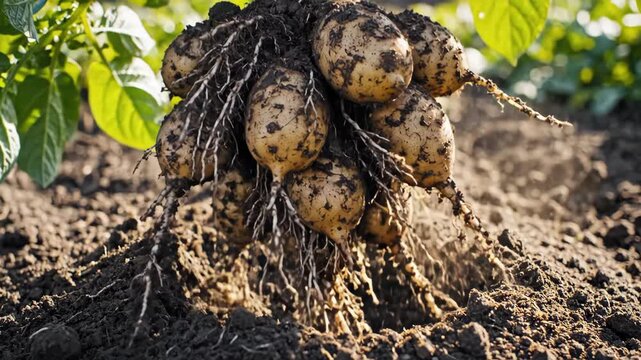 Freshly harvested potatoes clumped with dark soil and fine roots being pulled from earth