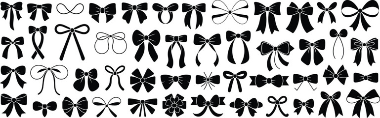 Obraz premium Black ribbon bow silhouette collection, decorative gift bows and knot shapes isolated on white background vector illustration set for design