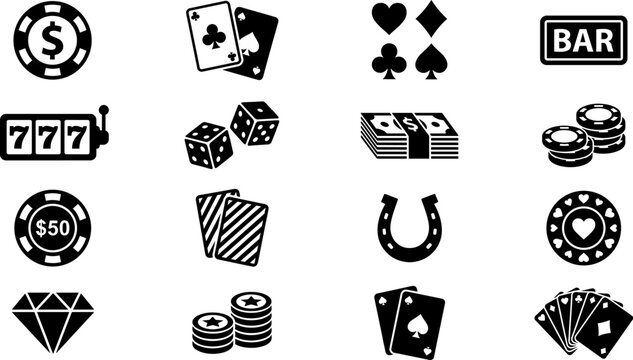 Set of sixteen stylized black casino and gambling icons in grid, symbolizing poker, slot machines, dice, and lucky motifs