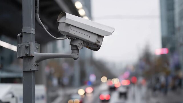 City surveillance camera equipped with computer vision captures daily urban activities under gray skies