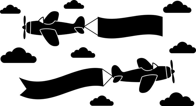 Stylized black airplane silhouette icons towing banners with clouds, symbolizing aerial advertising, aviation design, and sky-themed motifs