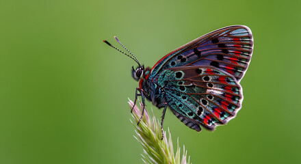 Obraz premium A vibrant and intricately patterned butterfly rests on a green plant stem against a soft background