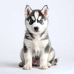 Obraz premium Captivating Husky Puppy: A stunning husky puppy with piercing blue eyes, showcases its adorable charm, set against a simple backdrop, capturing pure innocence and beauty.
