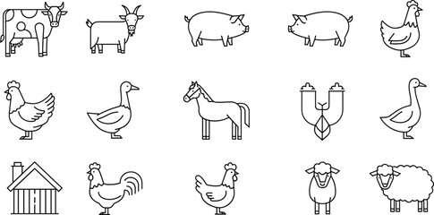 Obraz premium Comprehensive vector set of farm animal icons featuring full body cows goats pigs and horses along with a rustic barn and poultry in clean black line art for agriculture and country life designs
