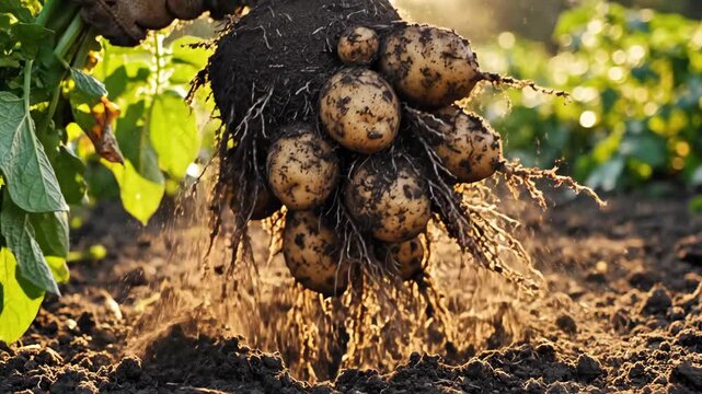 Freshly harvested potatoes with soil clinging to them being lifted from dark earth