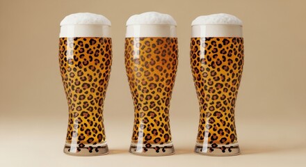Three glasses of beer with a leopard print design