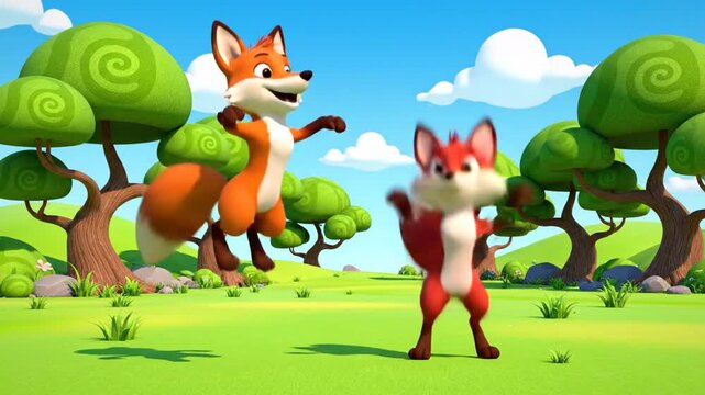 Animated foxes playing in cartoon forest setting under blue sky with white clouds ideal for children