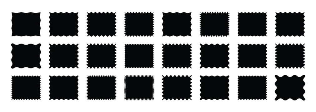 wavy rectangular frames scallop set red. Postage stamp borders.Set of red wavy edge frames. Rectangle shape frame with zigzag edge.Geometric zig zag wavy edge stickers, frames, shapes.Zig zag edge