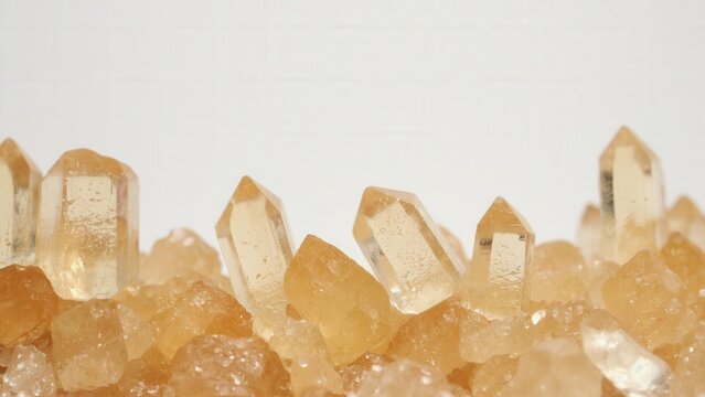A close-up view of a cluster of citrine crystals. The crystals are yellowish-orange, with sharp points and a rough texture, set against a white background.