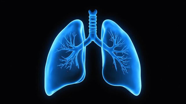 Detailed digital illustration of human lungs and trachea in a dark environment viewed from the front