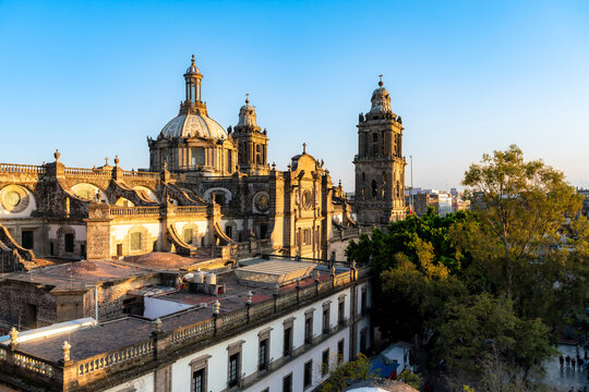 Late afternoon sunlight illuminates the iconic Metropolitan Cathedral and Zocalo in Mexico City. The colonial architecture glows with golden under a clear sky, highlighting the city's historical urban