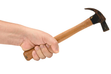 A hand holding a hammer with a wooden handle, isolated on a transparent background.