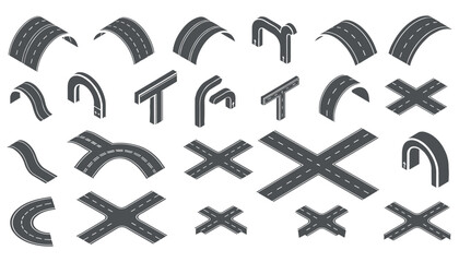 Obraz premium Isometric road bridge and tunnel set with highway overpass junctions