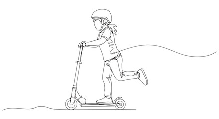 Energetic child riding a kick scooter with a helmet, captured in a dynamic continuous single line art drawing style, symbolizing childhood fun and active lifestyle
