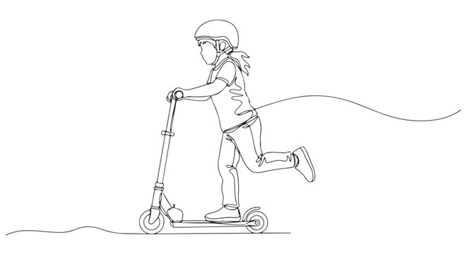 Energetic child riding a kick scooter with a helmet, captured in a dynamic continuous single line art drawing style, symbolizing childhood fun and active lifestyle
