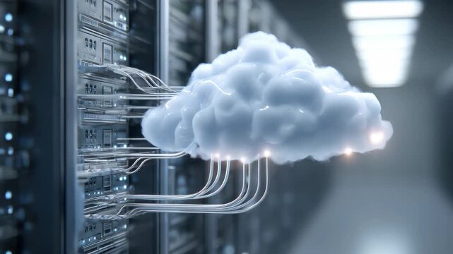 Cloud computing illustration highlighting data storage solutions in a modern server room environment with interconnected systems
