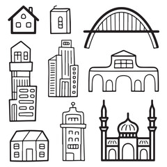 Fototapeta premium Collection of nine black line art buildings and structures including houses, skyscrapers, bridge, and mosque on transparent background, representing architecture and city life elements