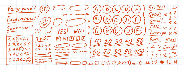 Hand drawn red pen marks showing exam grade with check marks, circles, and plus signs for teacher evaluation and test result school education. Doodle icons correction in hand drawn vector illustration © Viktoriia Melkisheva