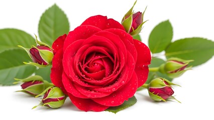 A vibrant red rose in full bloom with green leaves and buds in the background isolated on white background
