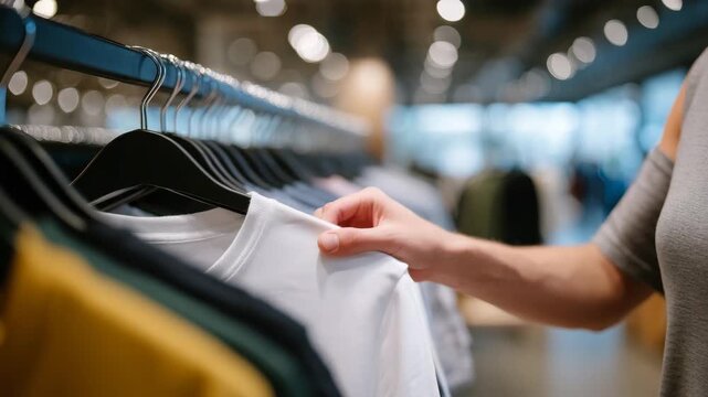 58Close-up view of a young shopper&rsquo;s hand sliding hangers aside to choose a T-shirt, cotton textures and stitching clearly visible, blurred background of a modern apparel store, tact