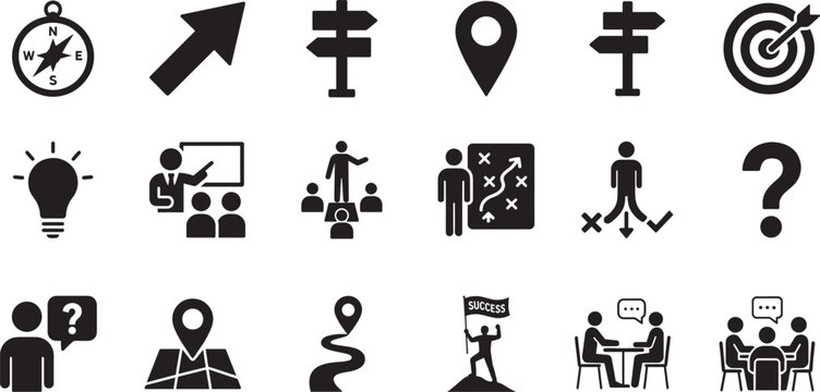 Guidance line icon set with direction, support, coaching and navigation outline symbols pack