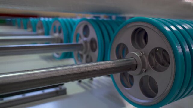 Industrial conveyor belt rollers rotating
