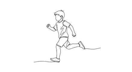 A continuous line drawing of a young boy running with speed and energy