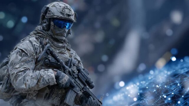 344Digital soldier in advanced combat gear, standing against floating holographic network spheres, light glinting off tactical armor, cybernetic defense and futuristic military simula