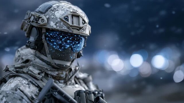 346High-tech soldier in tactical combat gear, visor glowing with holographic network data, abstract digital grids and nodes filling background, futuristic cyber warfare concept, cinem