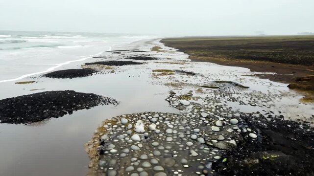 Waves crash on the shore as dark patches of ground appear on the beach. Stones and sand mix as the tide moves in and out on a cloudy day by the water.