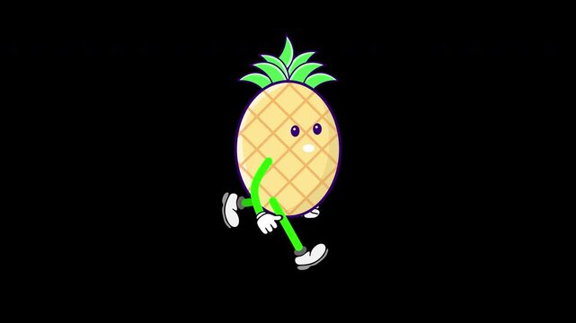 A funny cartoon pineapple character sprinting with a determined expression, isolated on a green screen background