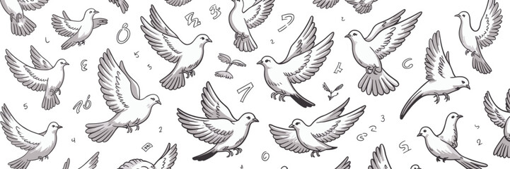 Obraz premium Black and white of doves flying with numbers and symbols birds white background