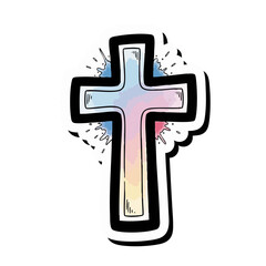 Obraz premium Detailed watercolor style Christian cross with vibrant pastel colors, soft gradients, and artistic splatters, outlined boldly.
