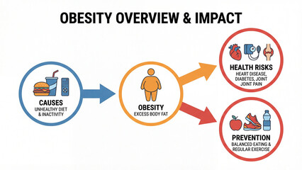 Obesity health impact infographic showing causes consequences and prevention strategies for weight management cardiovascular disease diabetes risk and healthy lifestyle education