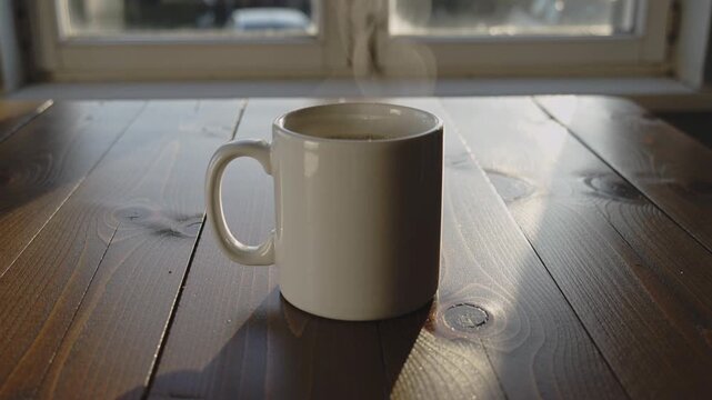 white ceramic mug filled with a hot beverage sits on a wooden table near a window. Steam rises gently from the mug, illuminated by soft sunlight streaming through the window. The scene feels cozy 