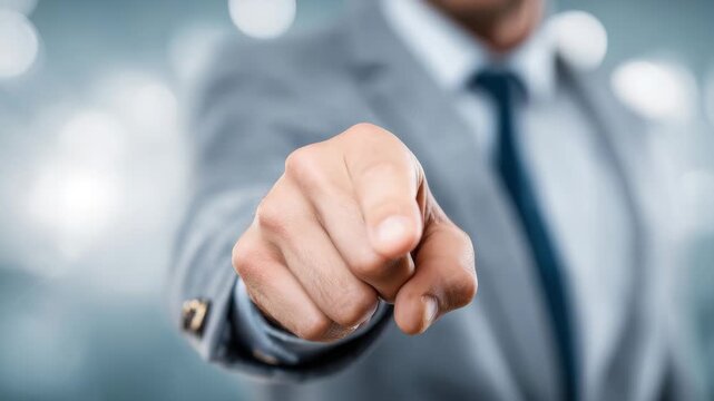 Businessman pointing directly at the camera in a professional setting during a networking event